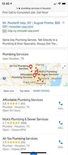 Image of Google mobile search results for the term "plumbing services in Houston" (scrolled down). The map results appear below the pay-per-click results, and they do not include Local Services Ads (LSAs).