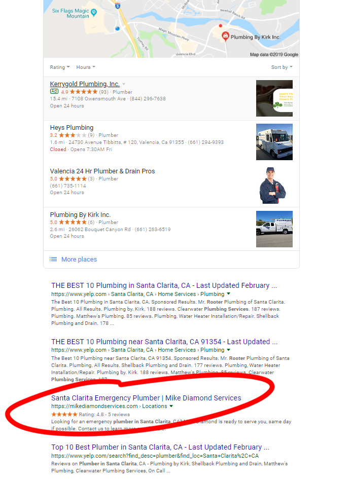 An image of a search on Google and a circled business.