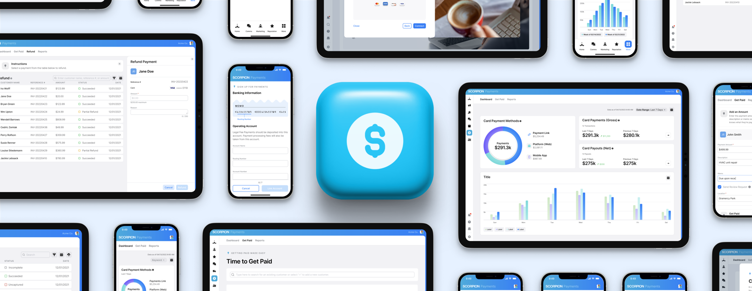 Image of different interfaces of the Scorpion Payment Suite