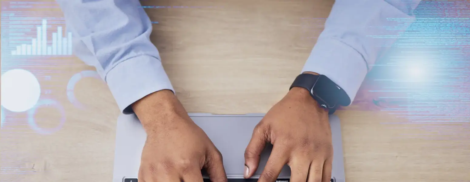 Laptop, top view and hands of business person in office