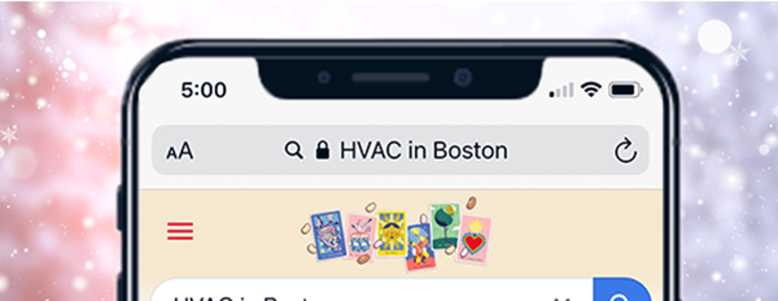 A snowy background with an iPhone searching for HVAC in Boston on Google