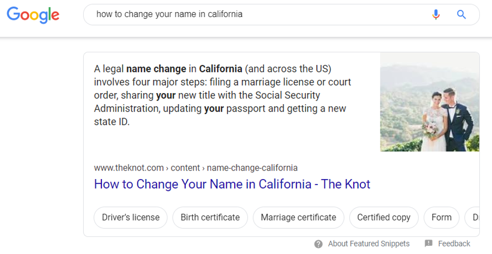 Interactive carousel featured snippet for "how to change your name in california" 