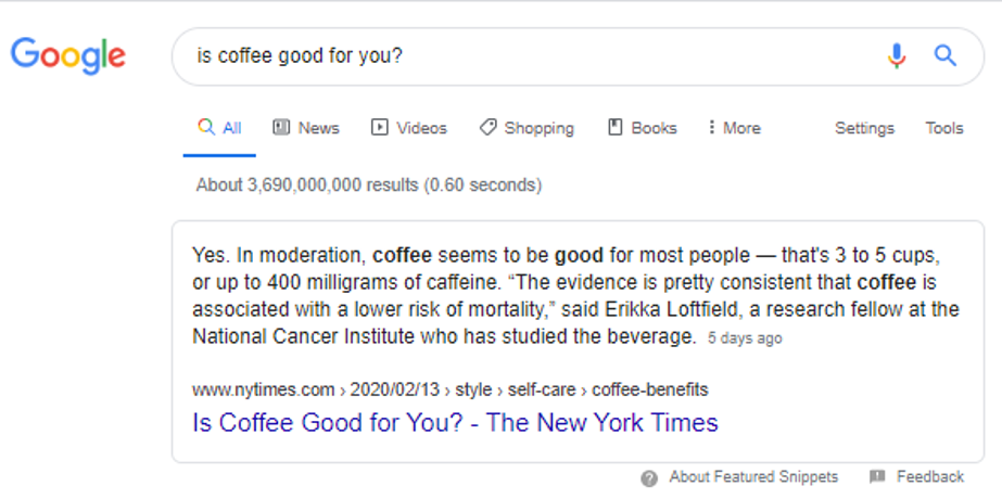 Featured snippet for "is coffee good for you?"