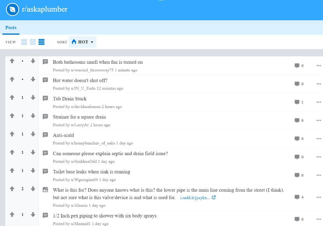The /askaplumber subreddit showing numerous questions posted by users