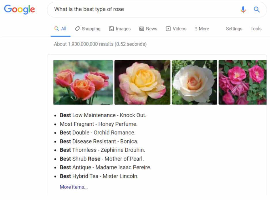 Google search results "what is the best type of rose" with answers about different types of roses