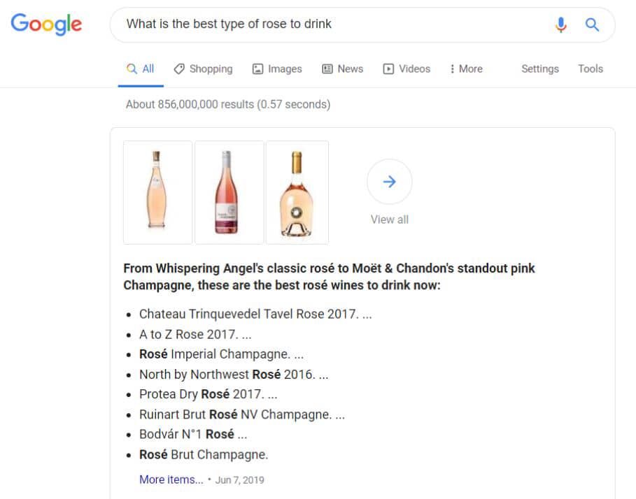 Google search results for "what is the best time of rose to drink" with a list of rosé brands