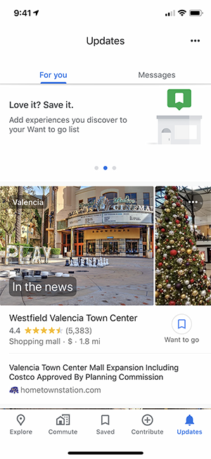 The Updates tab in the Google Maps mobile app showing news about nearby businesses