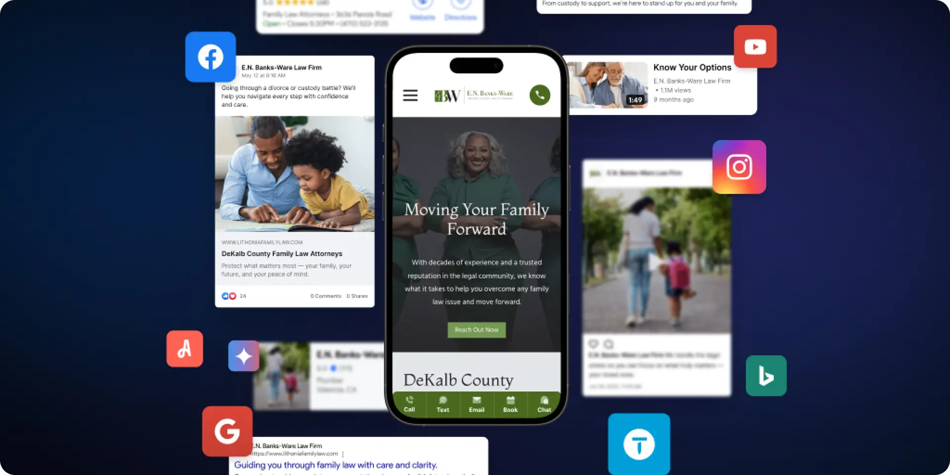 Screen showing social media icons and legal advertising and posts on social