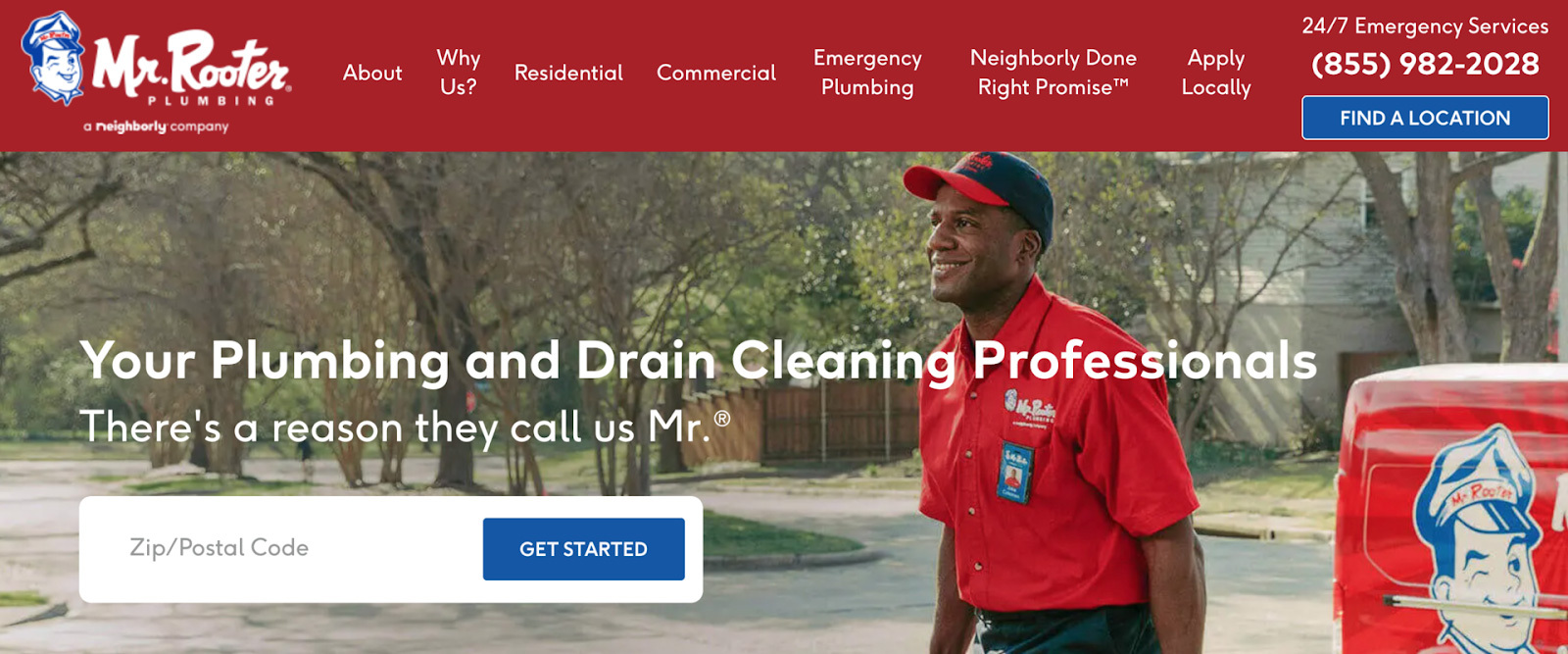 screenshot of top of Mr. Rooter website home page