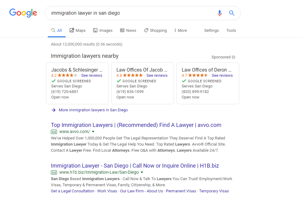 Three Local Services Ads (LSAs) appear at the top of a Google search engine results page in a search "immigration lawyer san diego".