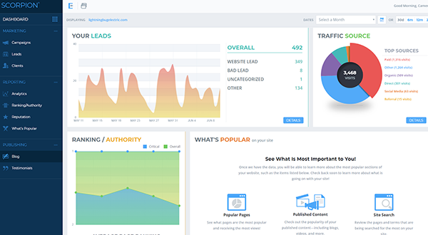 A marketing reporting and analytics system that shows lead volume, traffic source, page ranking / authority, etc.