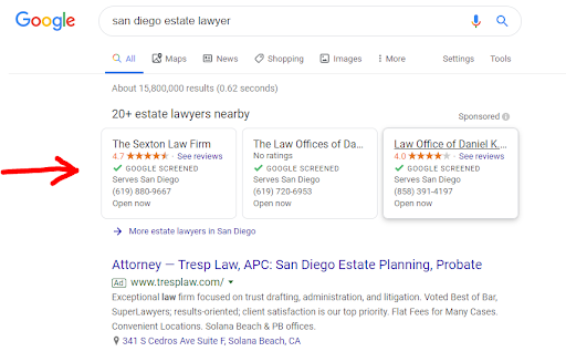 San Diego estate lawyer google search results.