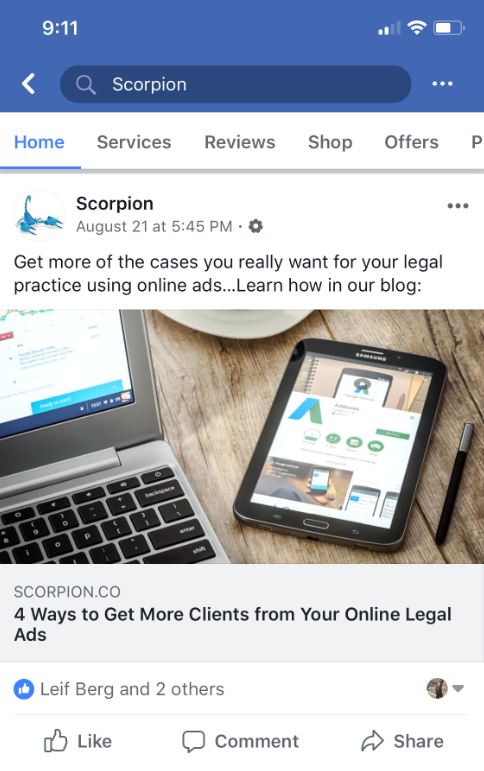 Scorpion Marketing advertising on Facebook