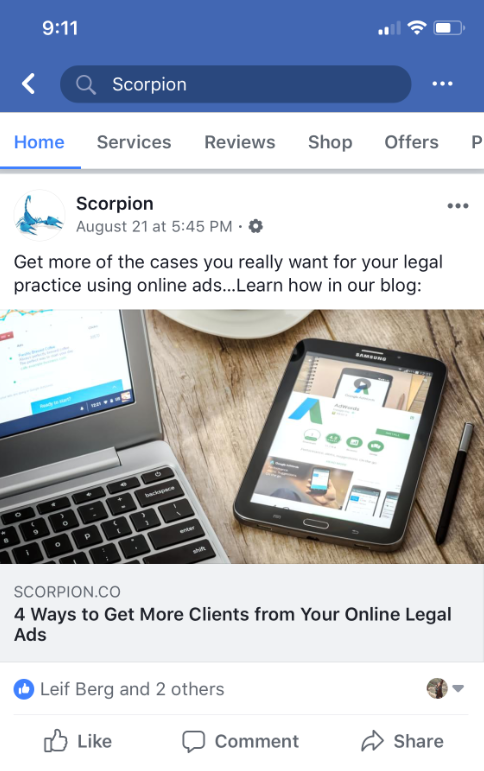 Scorpion Marketing Advertising on Facebook