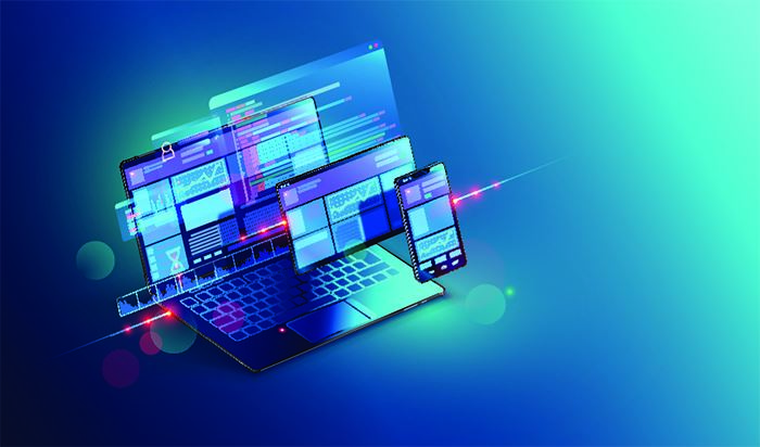 graphic of a laptop, tablet, and mobile phone displaying charts and data