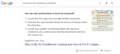 A rich snippet that appears in a Google search for "how do you fix a leaking air conditioner"