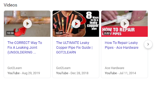 Google video search results for videos about fixing a leaking pipe.