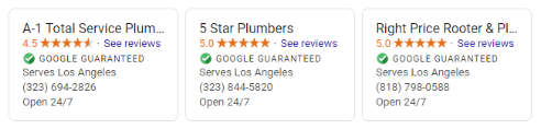 Three Local Services Ads in Google for plumbing companies with the "Google Guaranteed" badge on each ad.