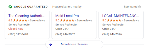 Three Local Services Ads in Google for house cleaning companies with the "Google Guaranteed" badge in the section above the ads