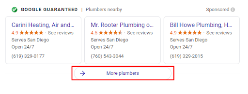 The "More Plumbers" tag that appears below three local services ads in a Google search