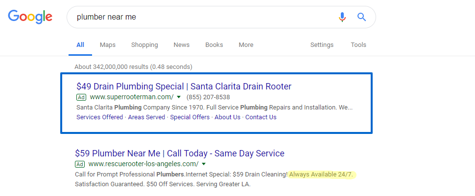 Plumber near me ads in a Google Search Results page