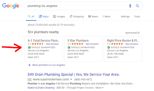 Three Local Service Ads (LSAs) that appear at the top of a Google search for the term "plumbing los angeles"
