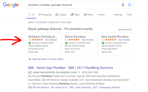 Searching for "plumbers holidays garbage disposal" on Google and an arrow point to the LSAs