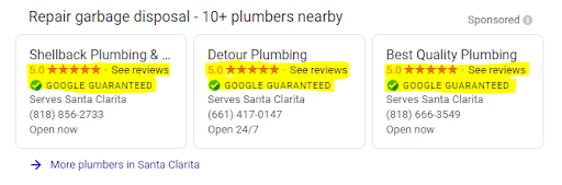 A screenshot of LSAs for repair garbage disposal and the business reviews are highlighted