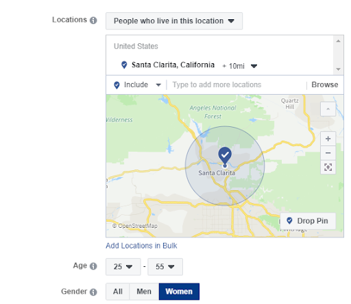 Targeting settings for a Facebook ad campaign, selecting a 10-mile radius from a location in Santa Clarita, CA and targeting women ages 25 to 55.