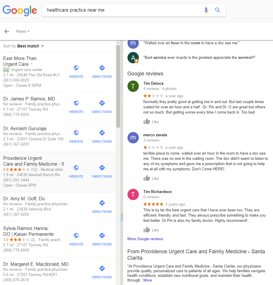 Google Search Engine Results Page for healthcare practice near me 